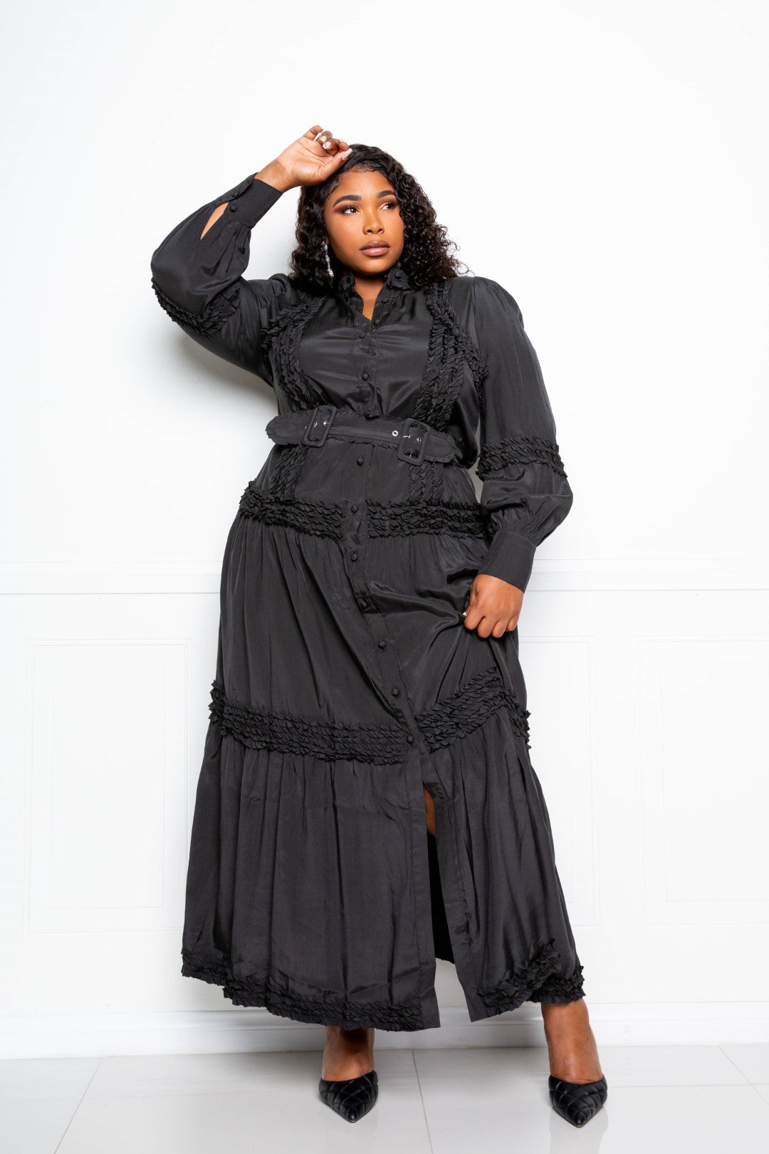 Ruffle Detail Belted Shirt Dress