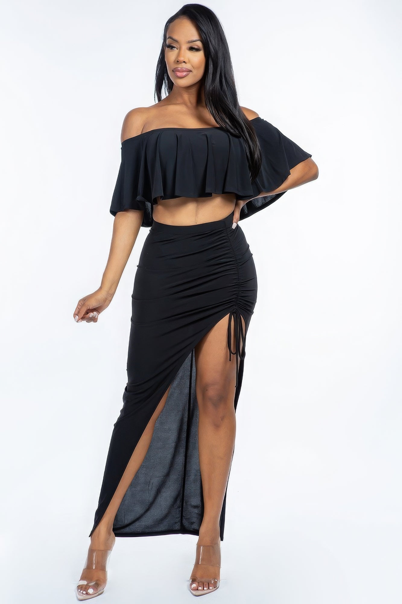 Ruffled Crop Top & Ruched Maxi Skirt Set
