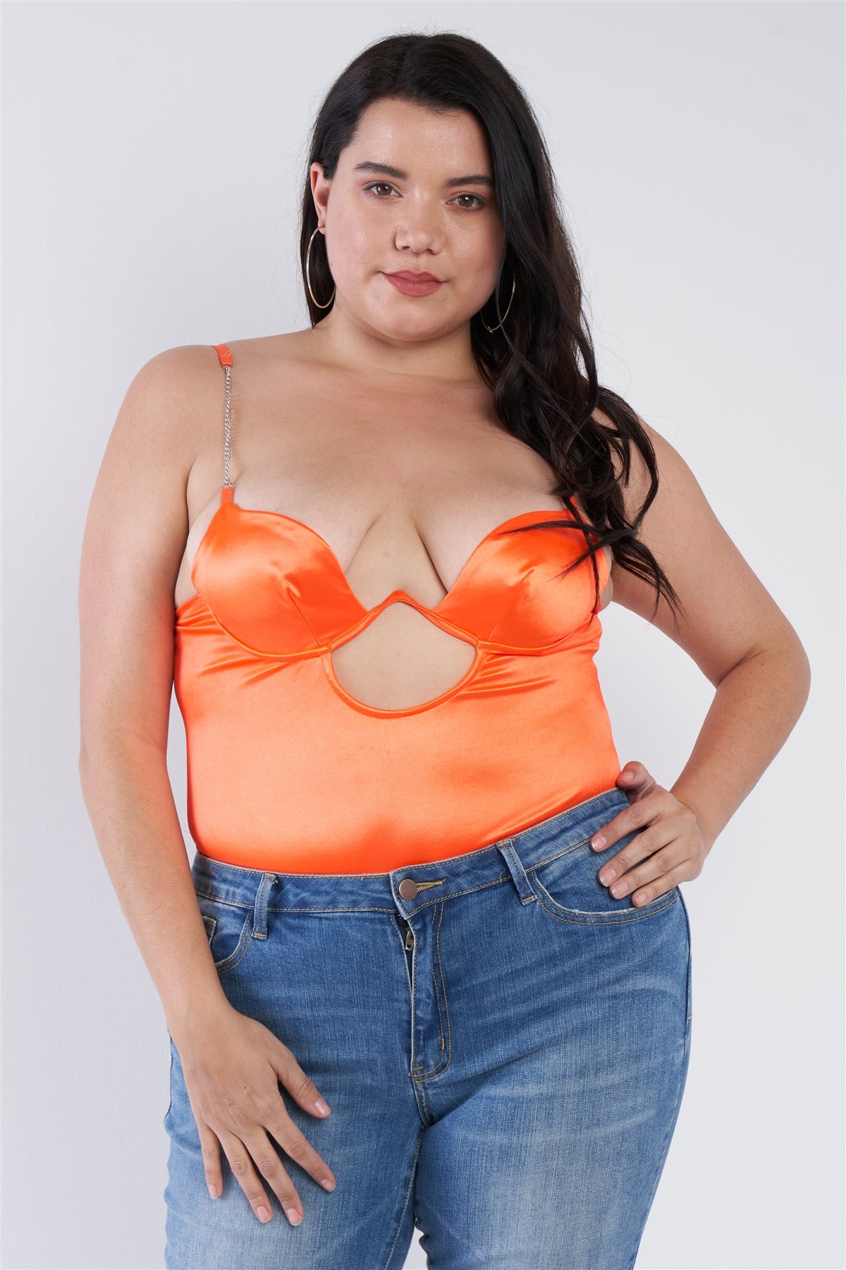 Plus Size Silk Spaghetti Strap High Thong Center Cut Out Bodysuit