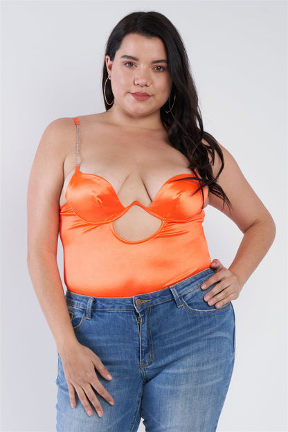 Plus Size Silk Spaghetti Strap High Thong Center Cut Out Bodysuit
