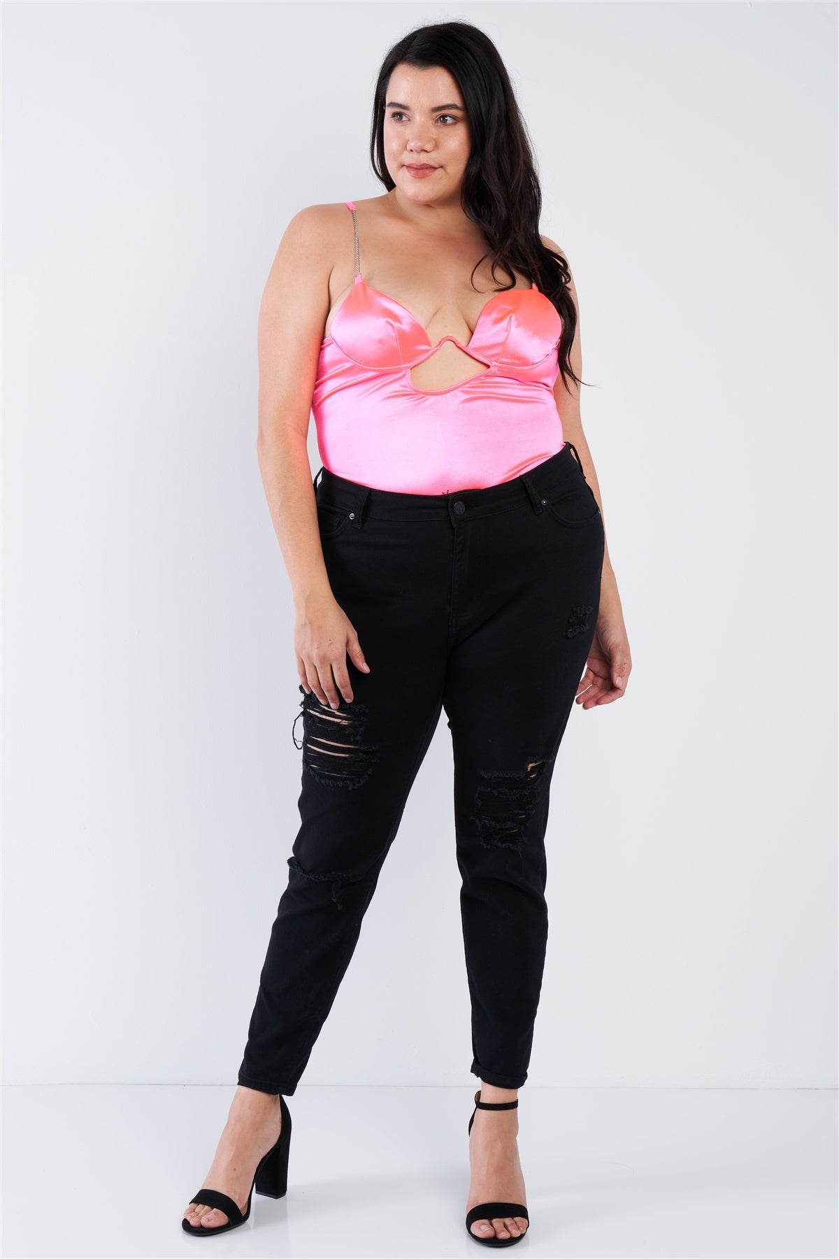 Plus Size Silk Spaghetti Strap High Thong Center Cut Out Bodysuit