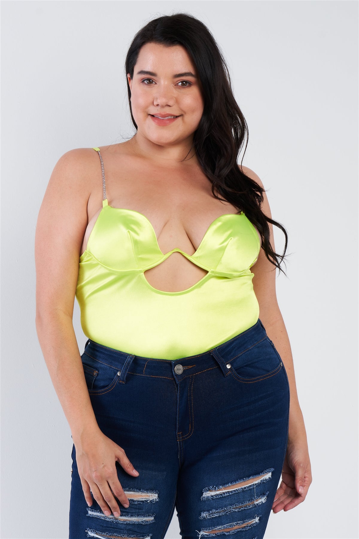 Plus Size Silk Spaghetti Strap High Thong Center Cut Out Bodysuit