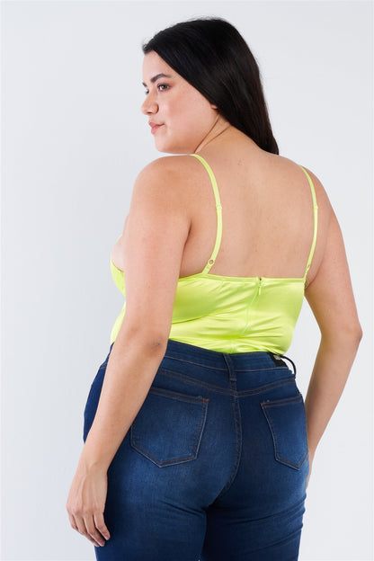 Plus Size Silk Spaghetti Strap High Thong Center Cut Out Bodysuit