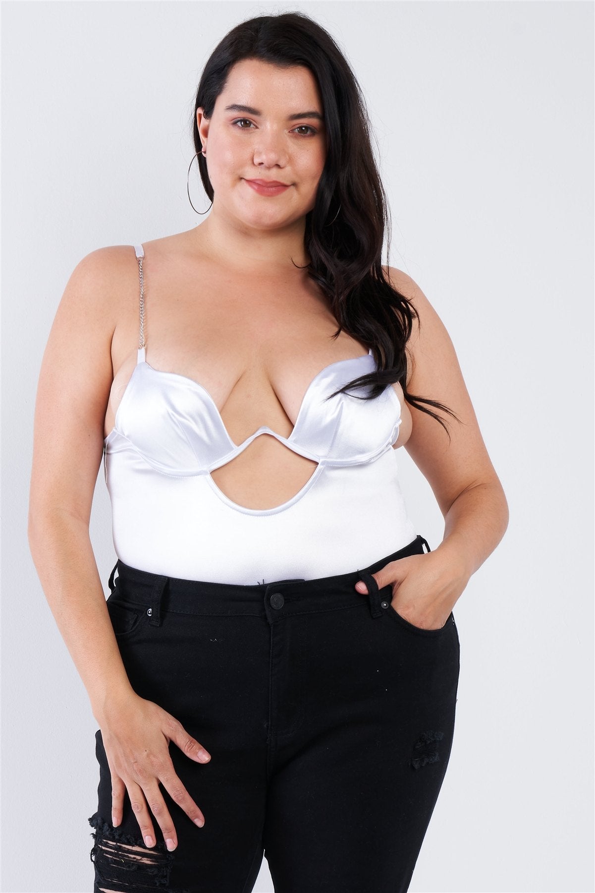 Plus Size Silk Spaghetti Strap High Thong Center Cut Out Bodysuit