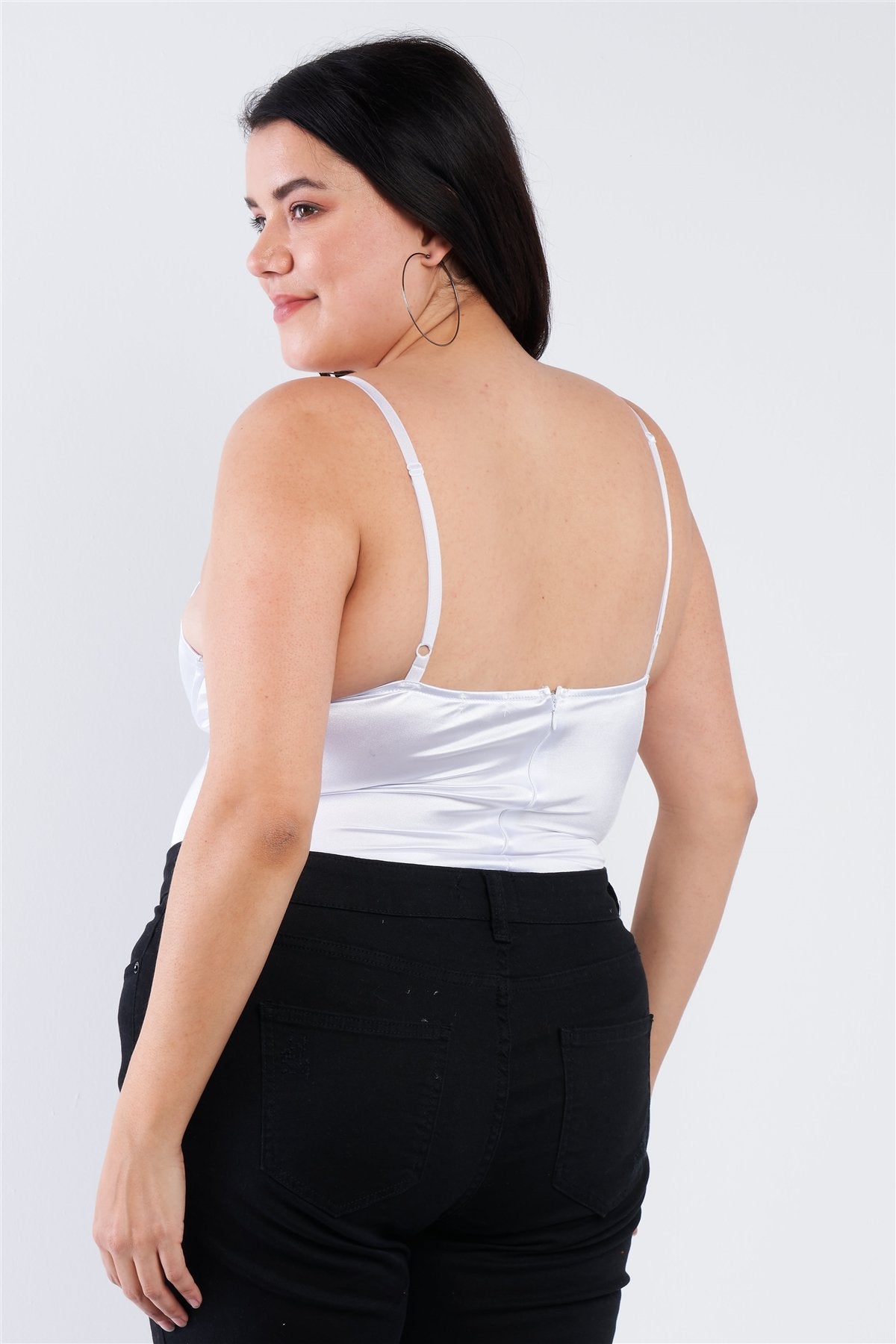 Plus Size Silk Spaghetti Strap High Thong Center Cut Out Bodysuit