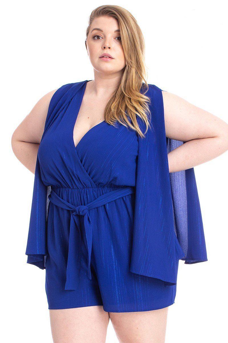 Plus Size Shimmer Fabric Draped Open Sleeve Romper