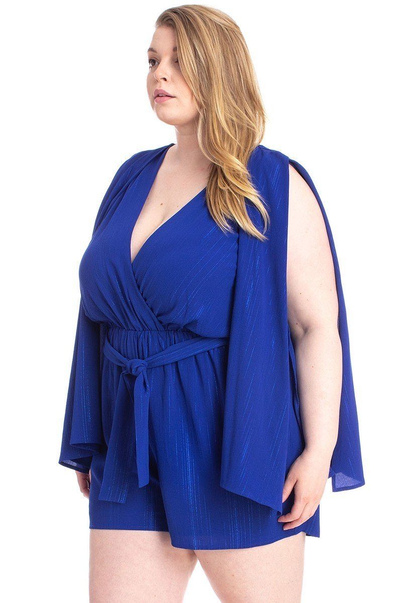 Plus Size Shimmer Fabric Draped Open Sleeve Romper