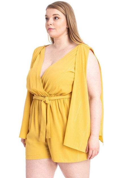 Plus Size Shimmer Fabric Draped Open Sleeve Romper