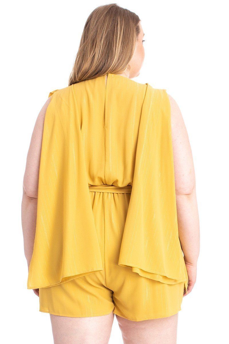Plus Size Shimmer Fabric Draped Open Sleeve Romper