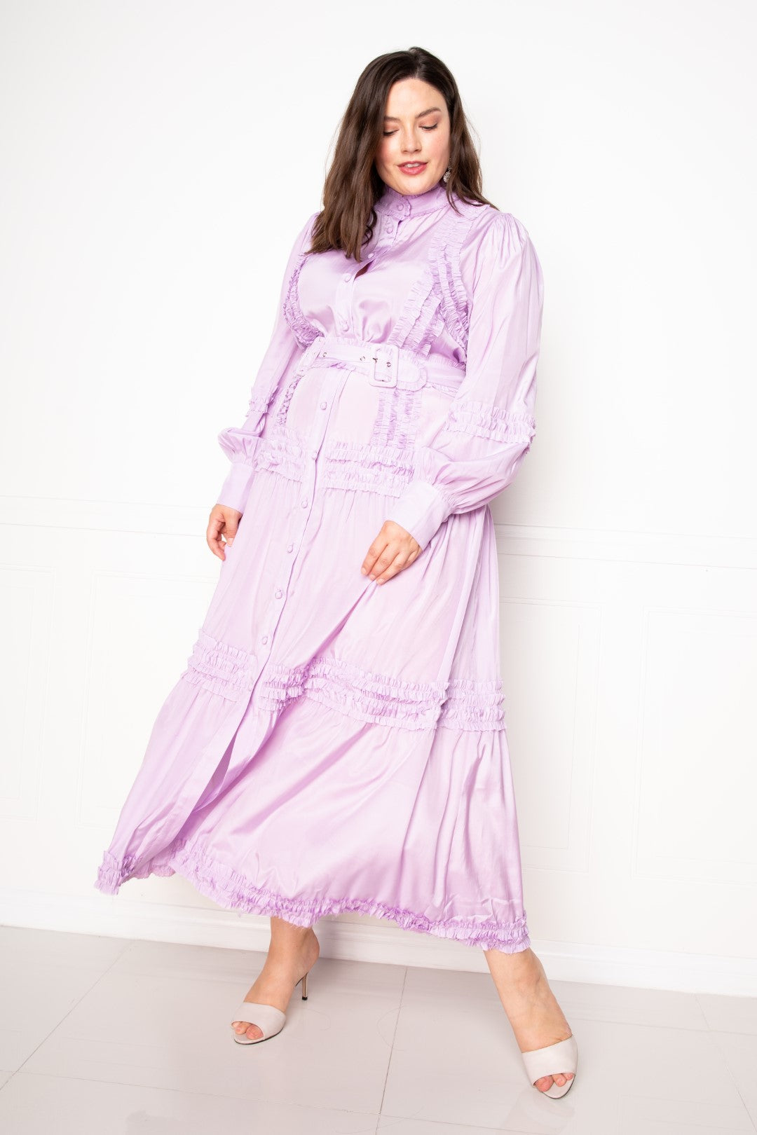Ruffle Detail Belted Shirt Dress
