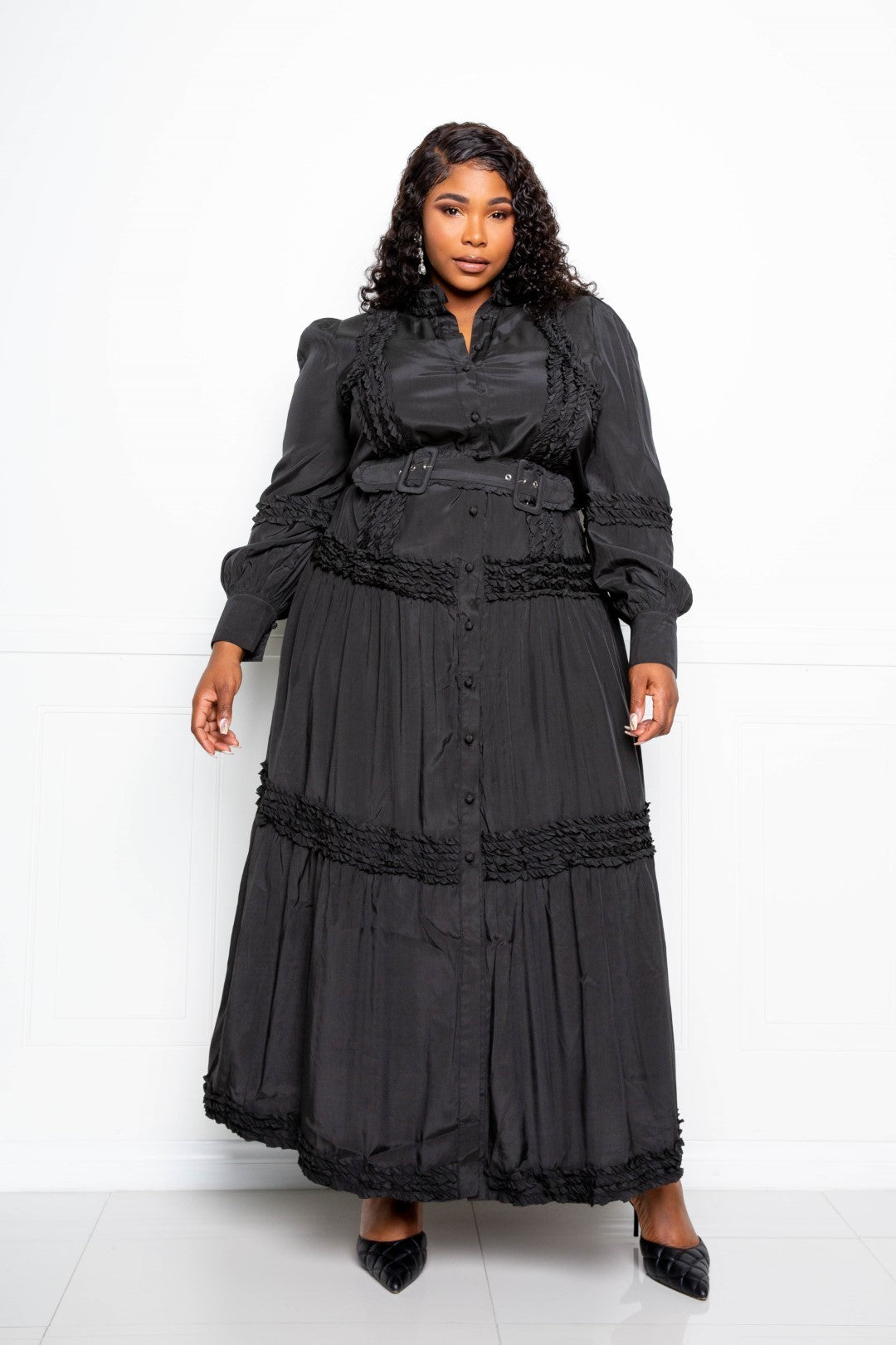 Ruffle Detail Belted Shirt Dress