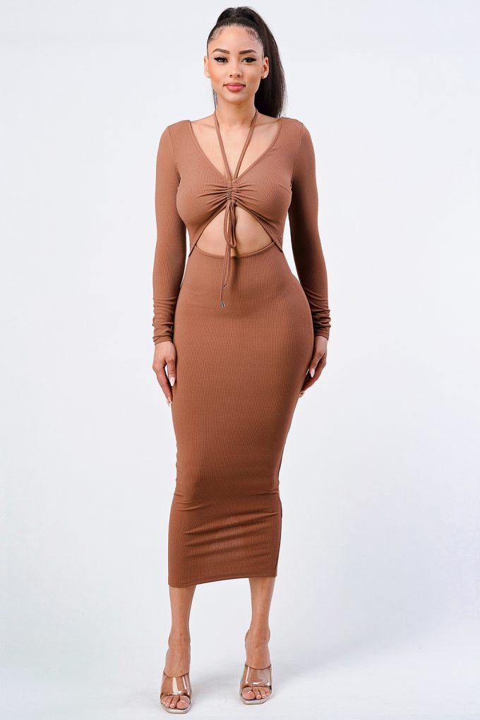 Front Shirring Cut-out Long Sleeve Dress