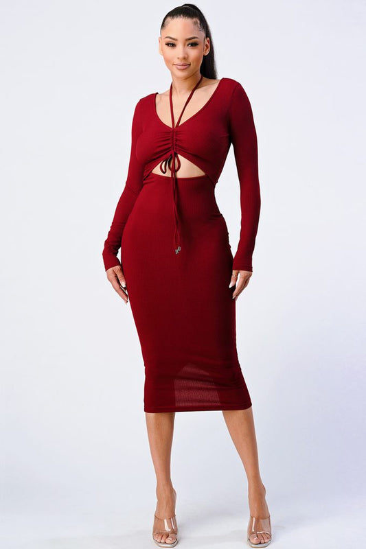 Front Shirring Cut-out Long Sleeve Dress