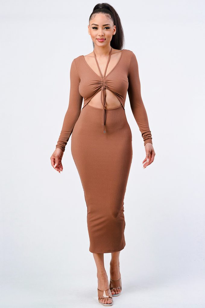Front Shirring Cut-out Long Sleeve Dress