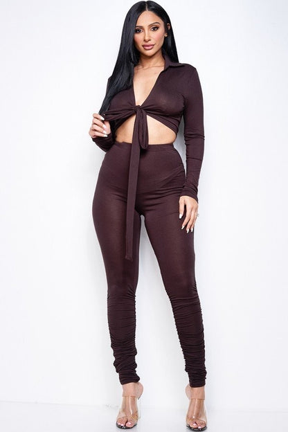Front Tie Top & Ruched Pants Set