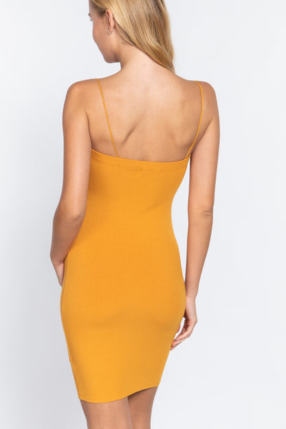 Straight Neck Cami Elastic String Heavy Rib Mini Dress