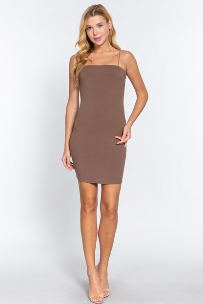 Straight Neck Cami Elastic String Heavy Rib Mini Dress