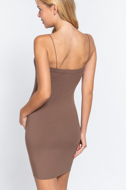 Straight Neck Cami Elastic String Heavy Rib Mini Dress