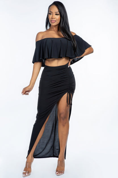 Ruffled Crop Top & Ruched Maxi Skirt Set