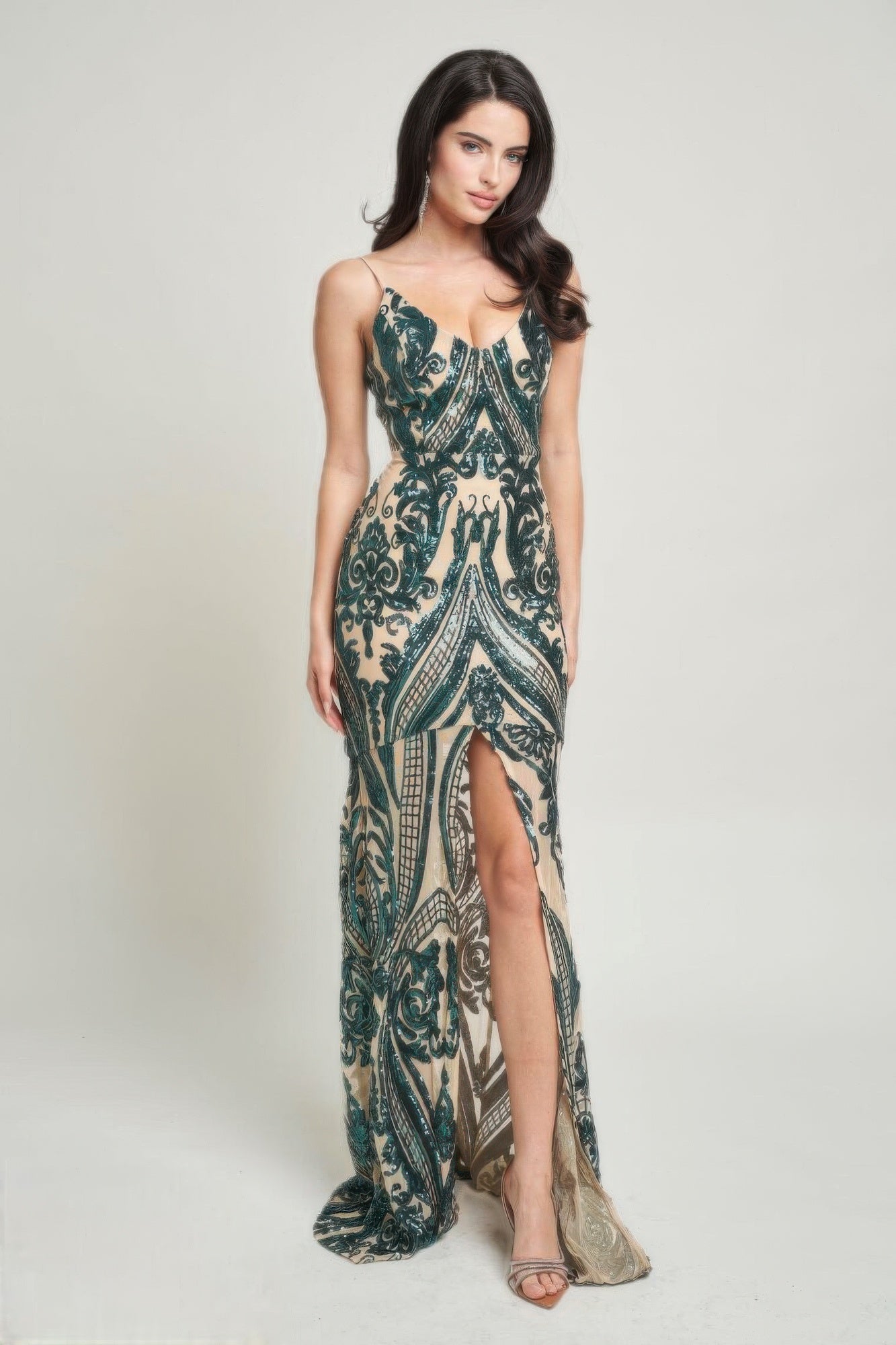 Spaghetti Strap Art Sequins Maxi Dress