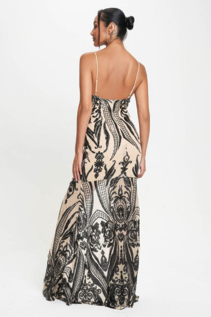 Spaghetti Strap Art Sequins Maxi Dress