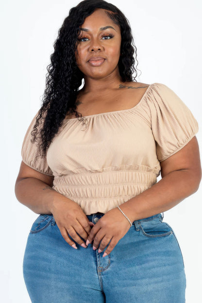 Plus Size Casual Ruched Puff Sleeve Top