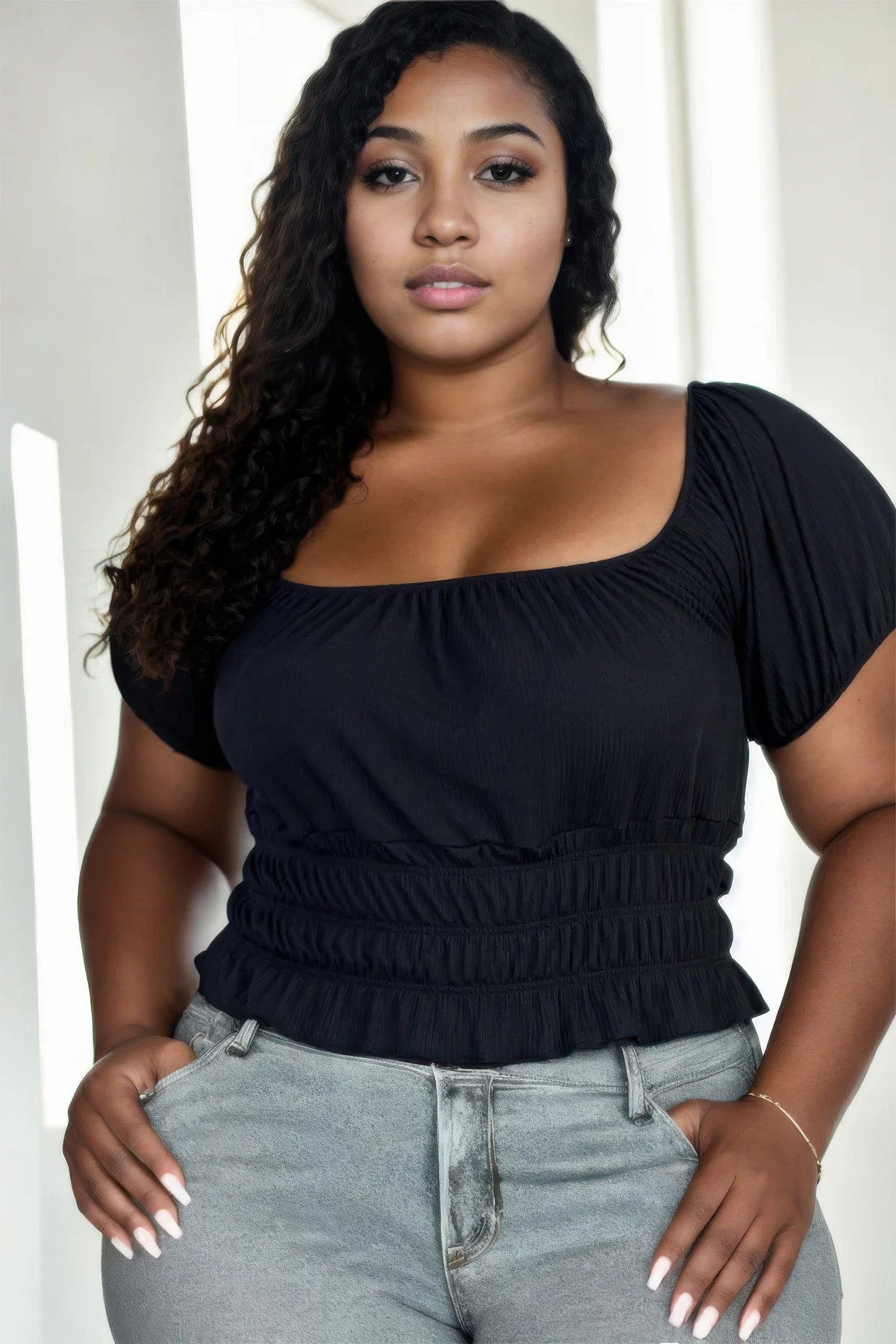 Plus Size Casual Ruched Puff Sleeve Top