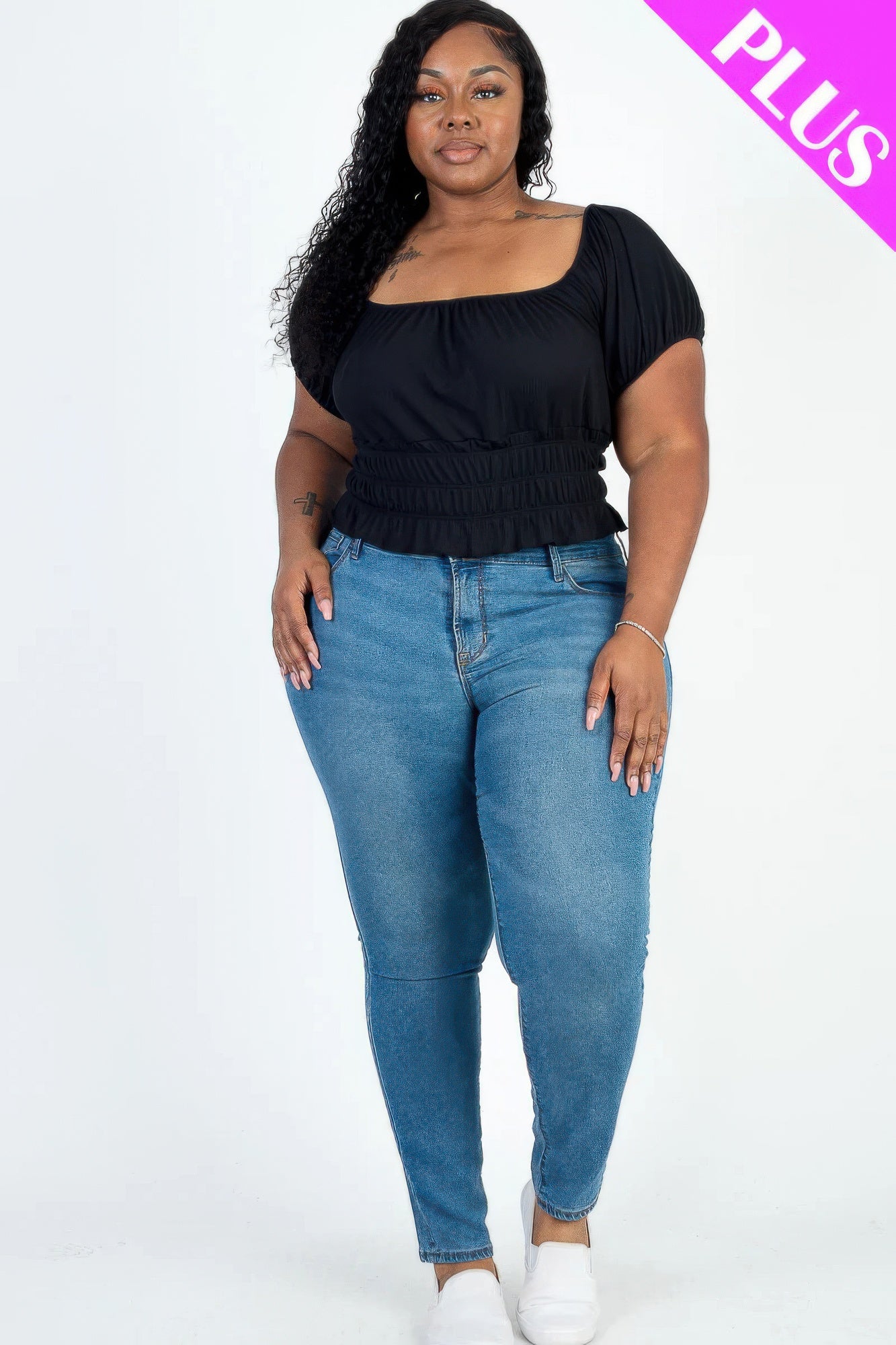 Plus Size Casual Ruched Puff Sleeve Top