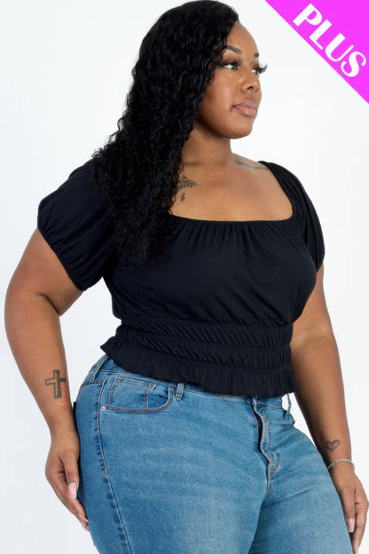 Plus Size Casual Ruched Puff Sleeve Top