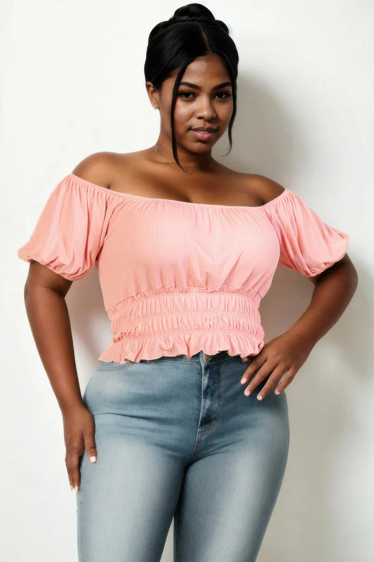 Plus Size Casual Ruched Puff Sleeve Top
