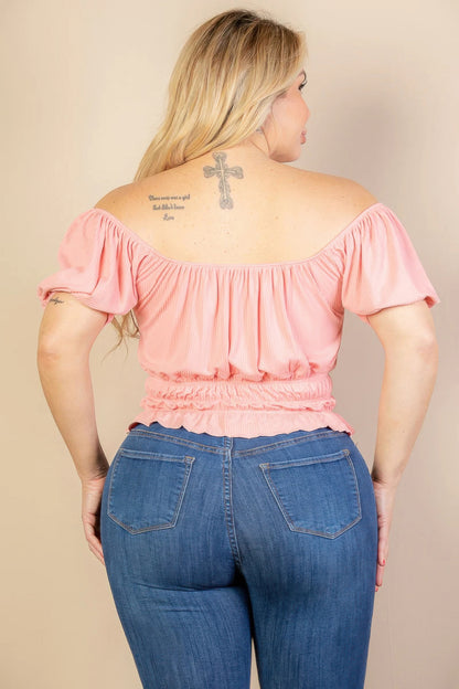 Plus Size Casual Ruched Puff Sleeve Top