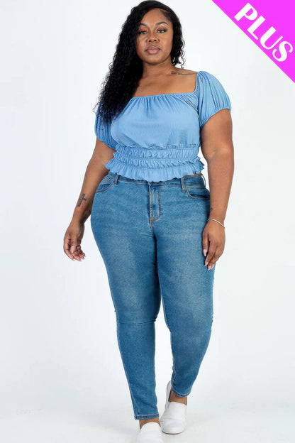 Plus Size Casual Ruched Puff Sleeve Top