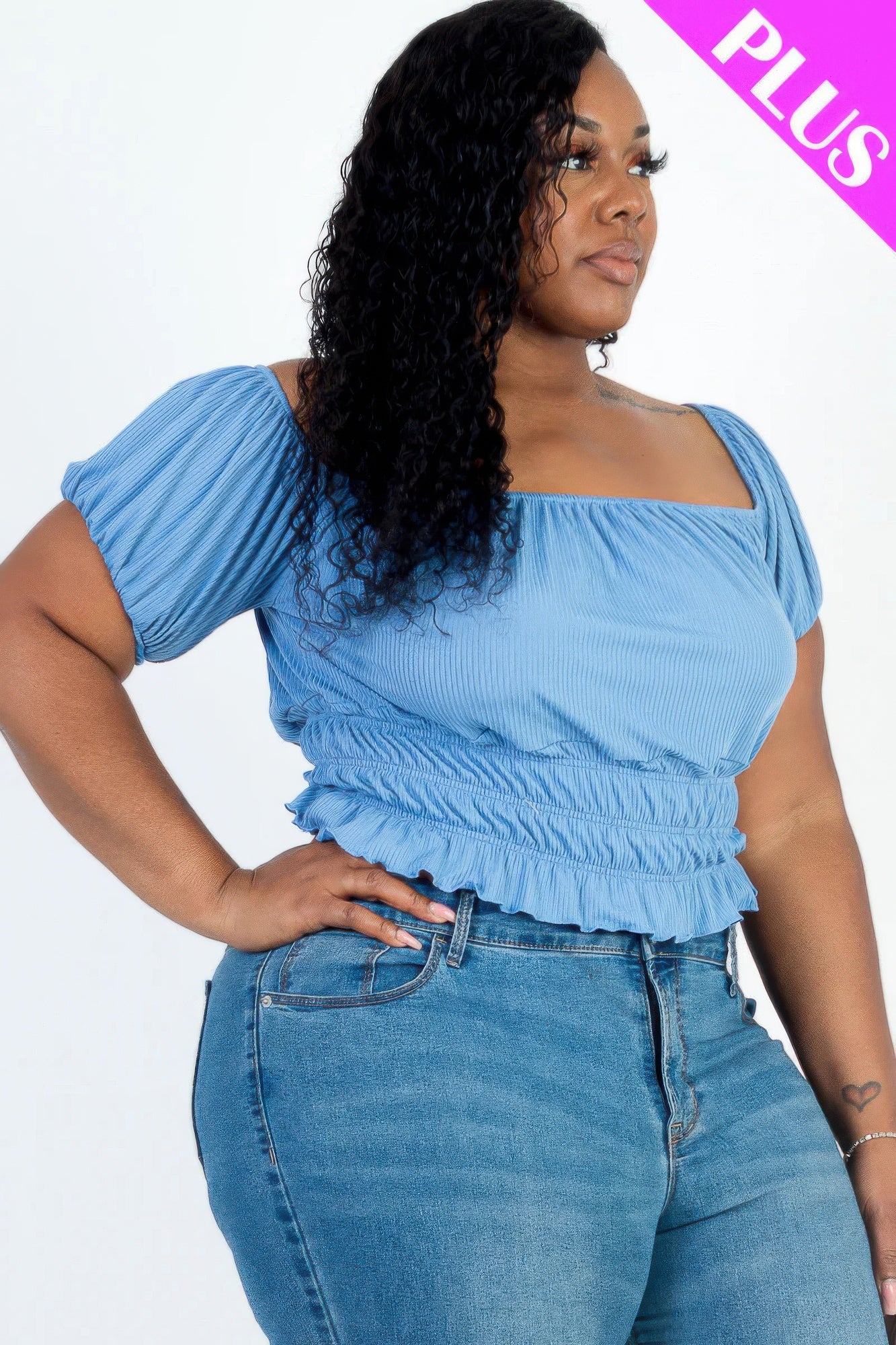 Plus Size Casual Ruched Puff Sleeve Top