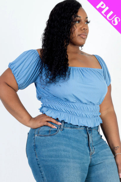 Plus Size Casual Ruched Puff Sleeve Top