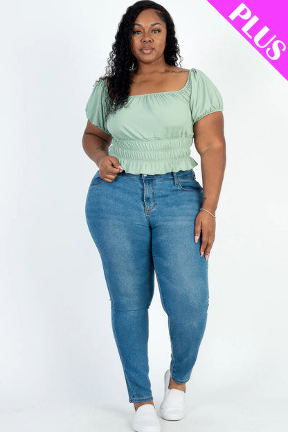 Plus Size Casual Ruched Puff Sleeve Top