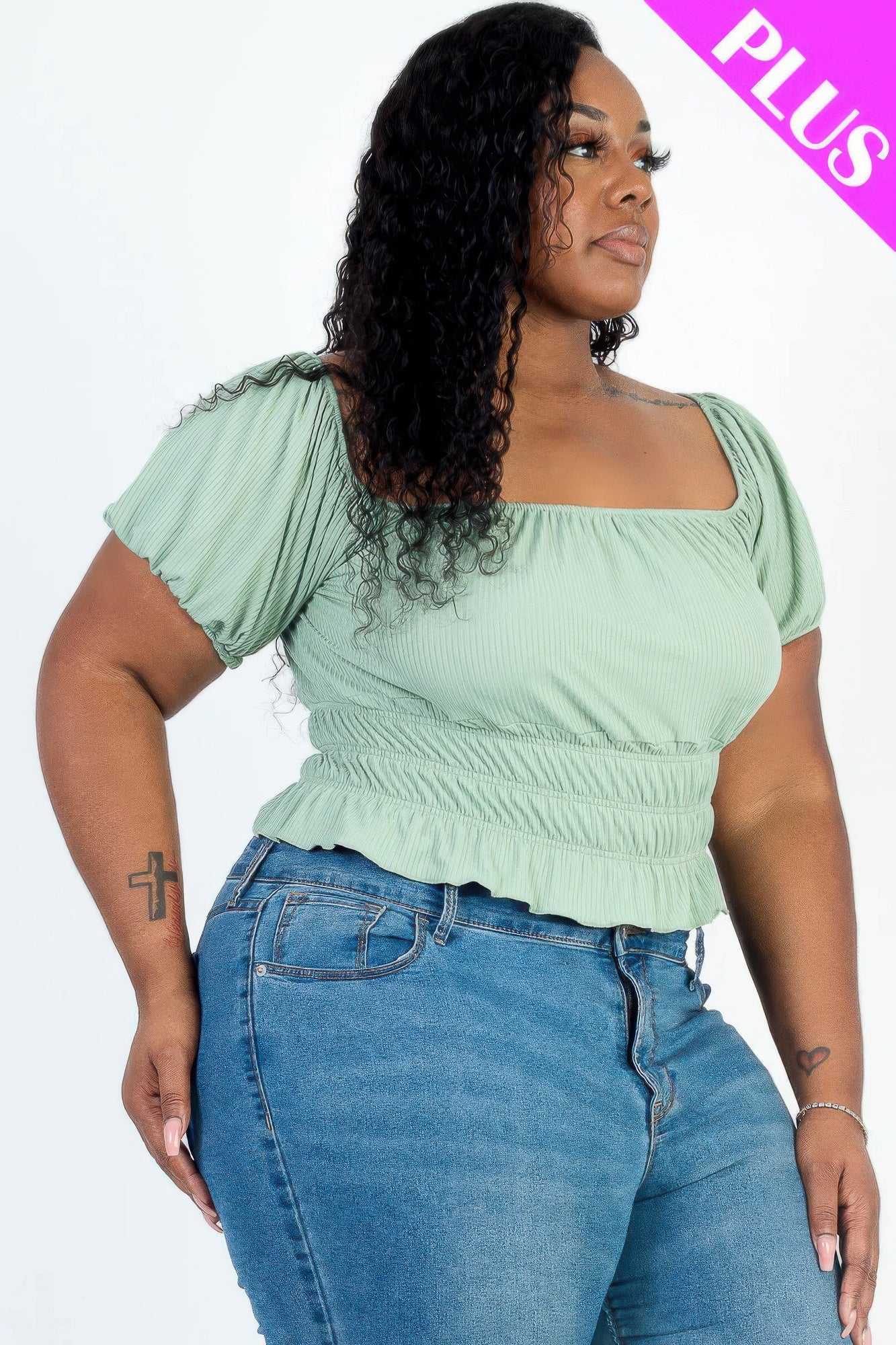Plus Size Casual Ruched Puff Sleeve Top