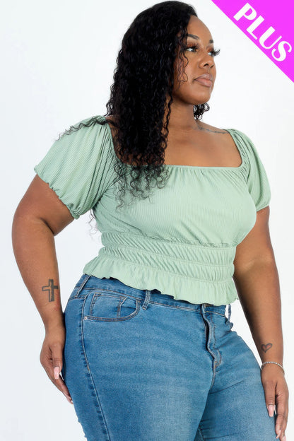 Plus Size Casual Ruched Puff Sleeve Top