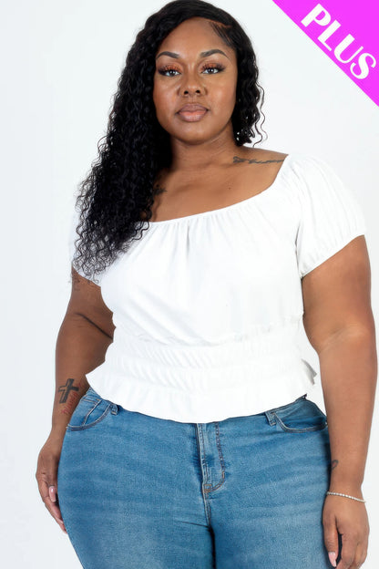 Plus Size Casual Ruched Puff Sleeve Top