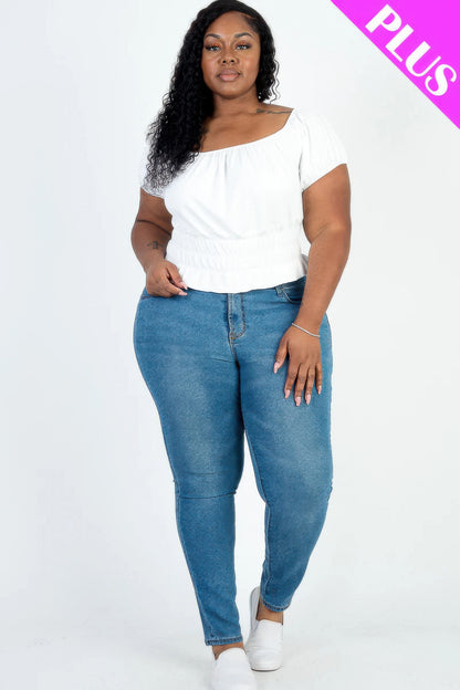 Plus Size Casual Ruched Puff Sleeve Top