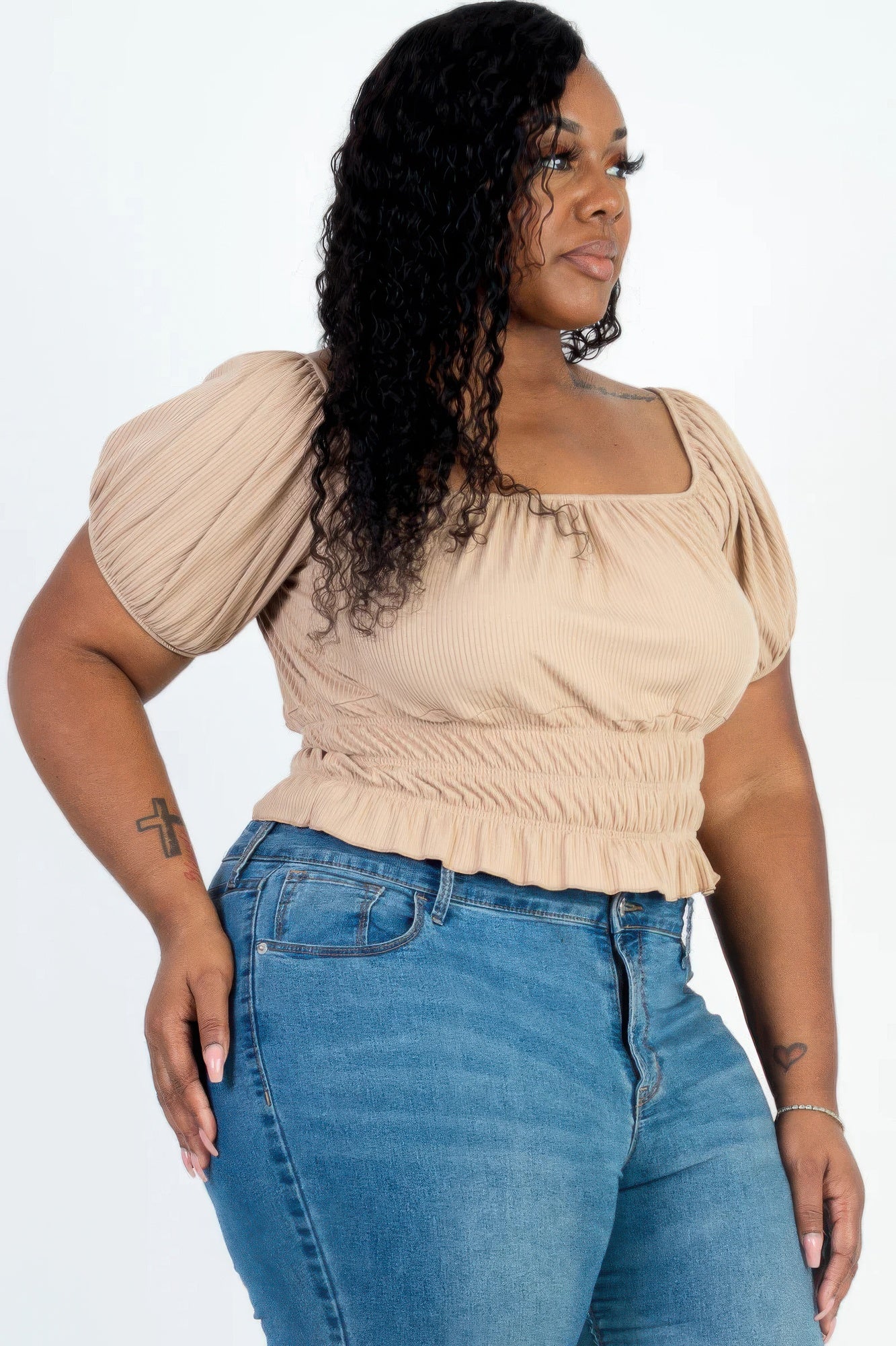 Plus Size Casual Ruched Puff Sleeve Top