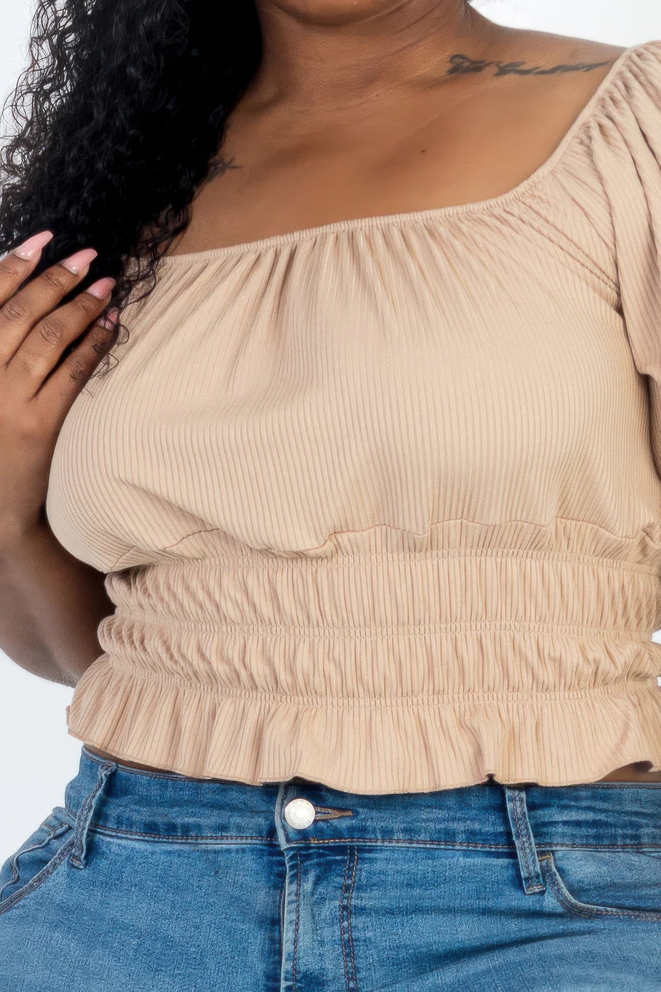 Plus Size Casual Ruched Puff Sleeve Top