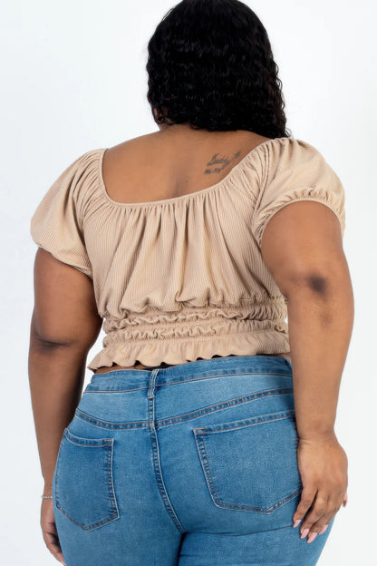 Plus Size Casual Ruched Puff Sleeve Top