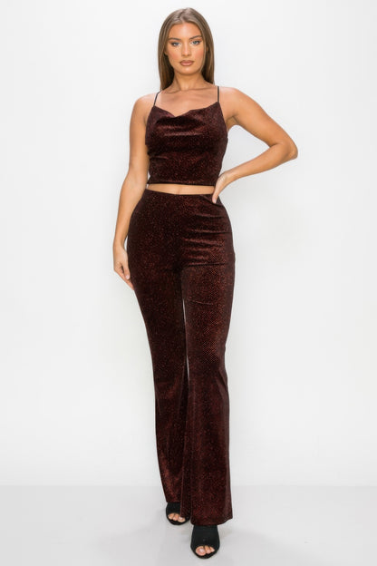 Glittery Flare High Rise Elastic Pants