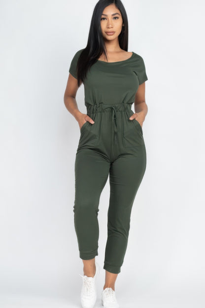 Short Sleeve Shoulder Drawstring Jumpsuit