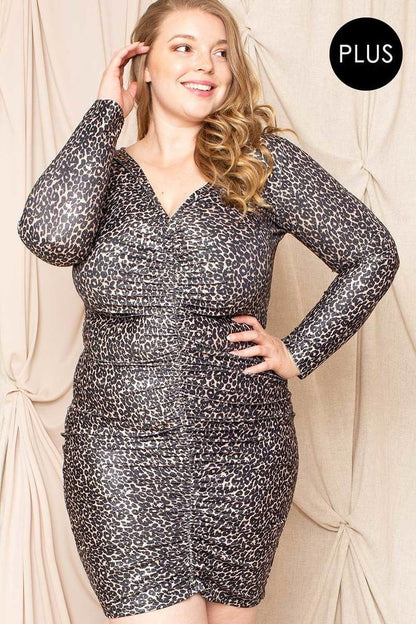 Plus Size Leopard Print Shirring Mini Dress