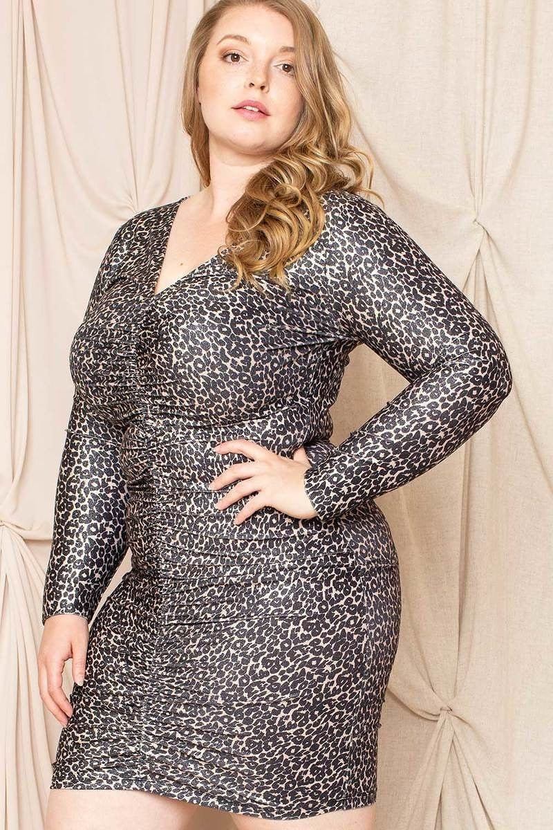 Plus Size Leopard Print Shirring Mini Dress