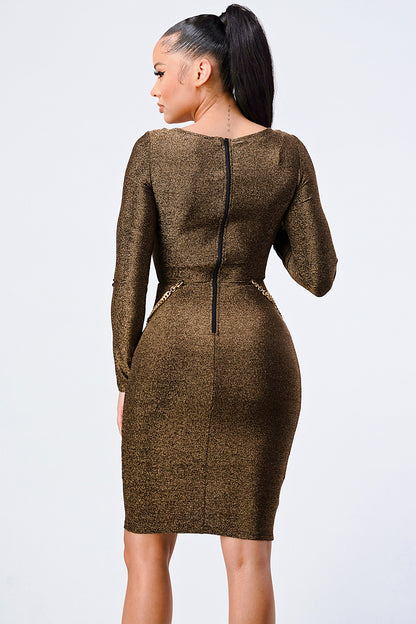 Gold Chain Cut-out Detail Glitter Bodycon Dress